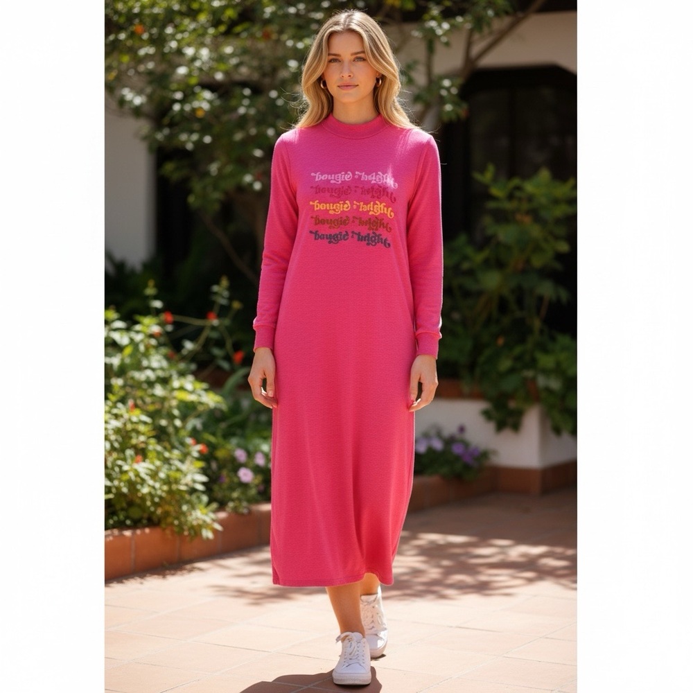Vada Winter Bougie + Bright Dress Size Medium Pink Cotton Long T-Shirt Dress
